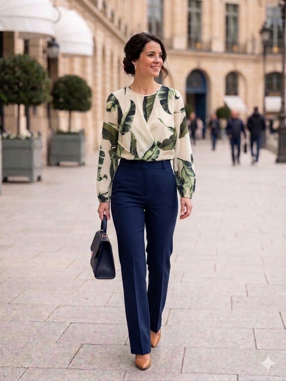 Tropical Leaf Print Lightweight Blouse - Cream & Green
